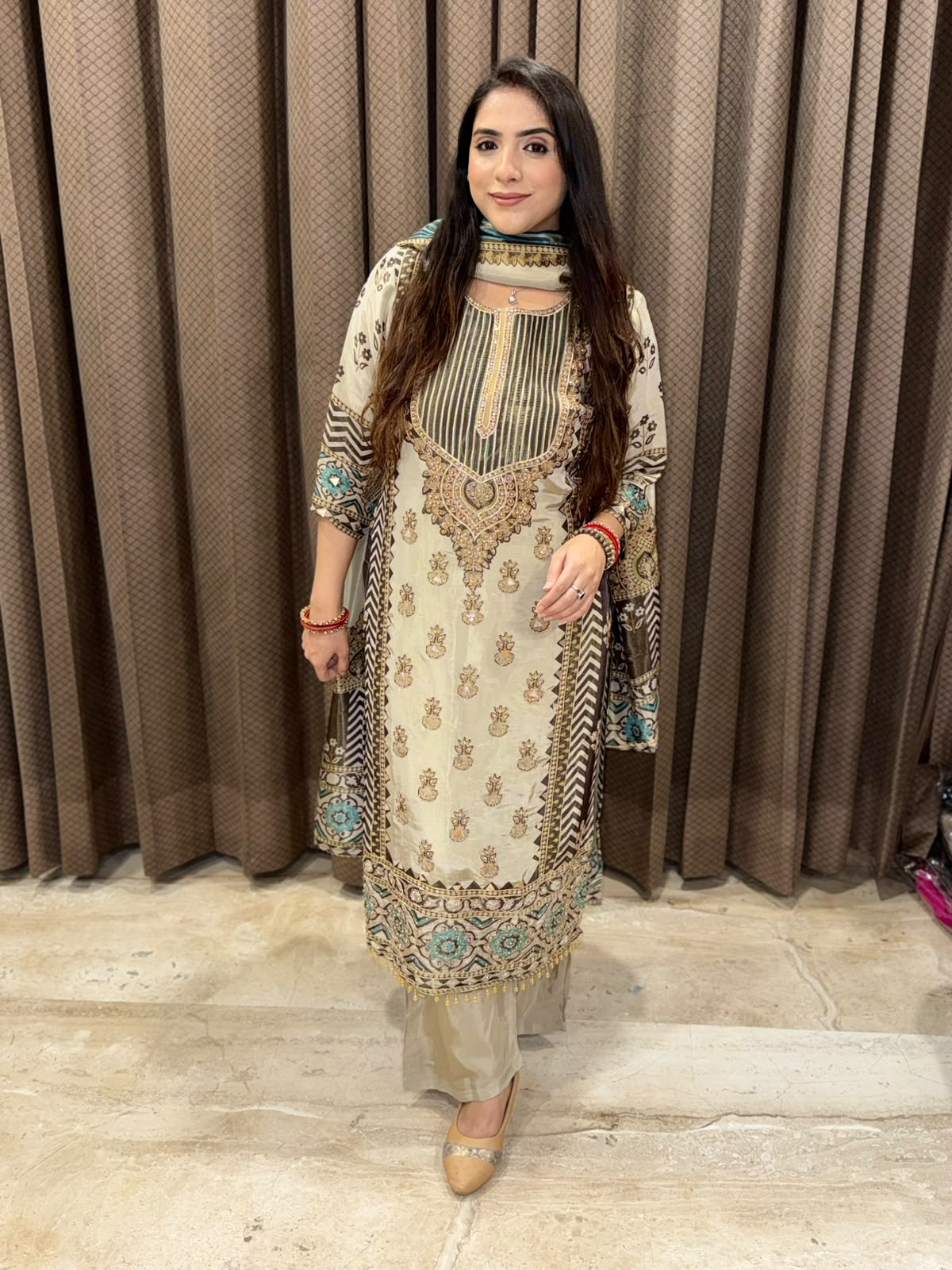 Brown & pista green Digital Suit with  designer handwork