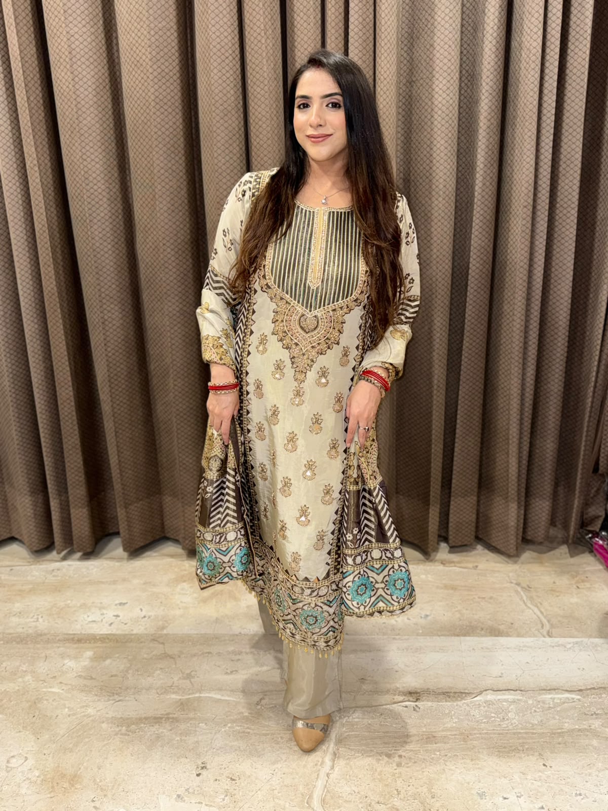 Brown & pista green Digital Suit with  designer handwork