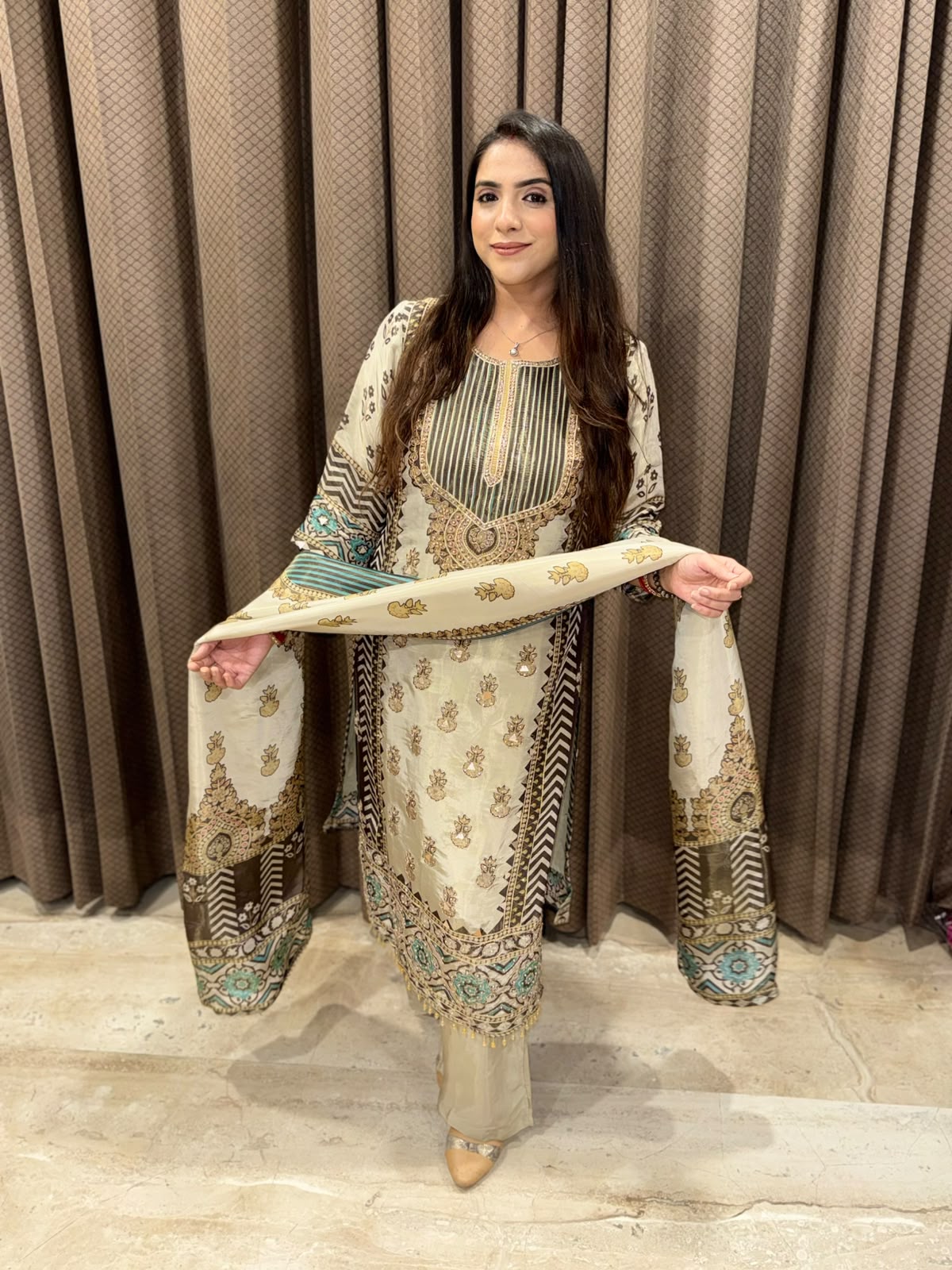 Brown & pista green Digital Suit with  designer handwork