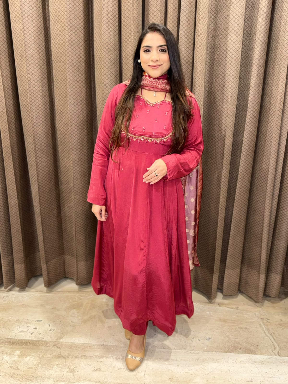 Dusty Pink Anarkali  Set with  designer neckline & floral dupatta