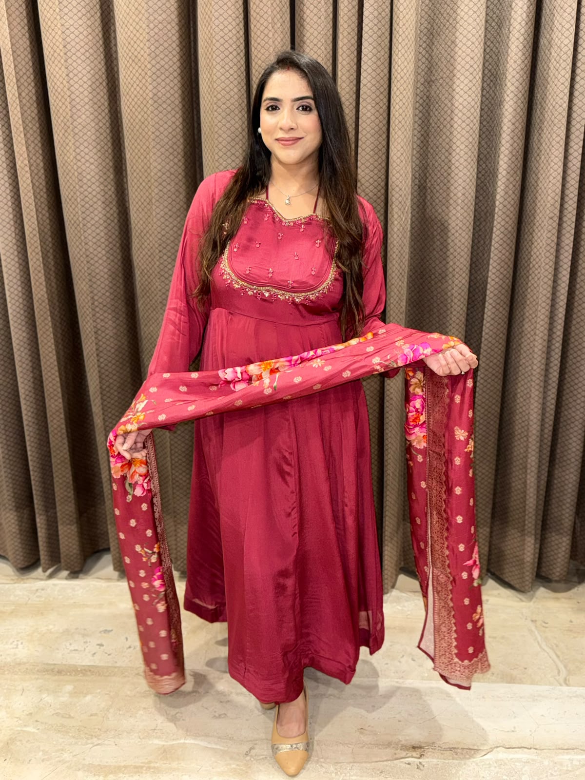 Dusty Pink Anarkali  Set with  designer neckline & floral dupatta