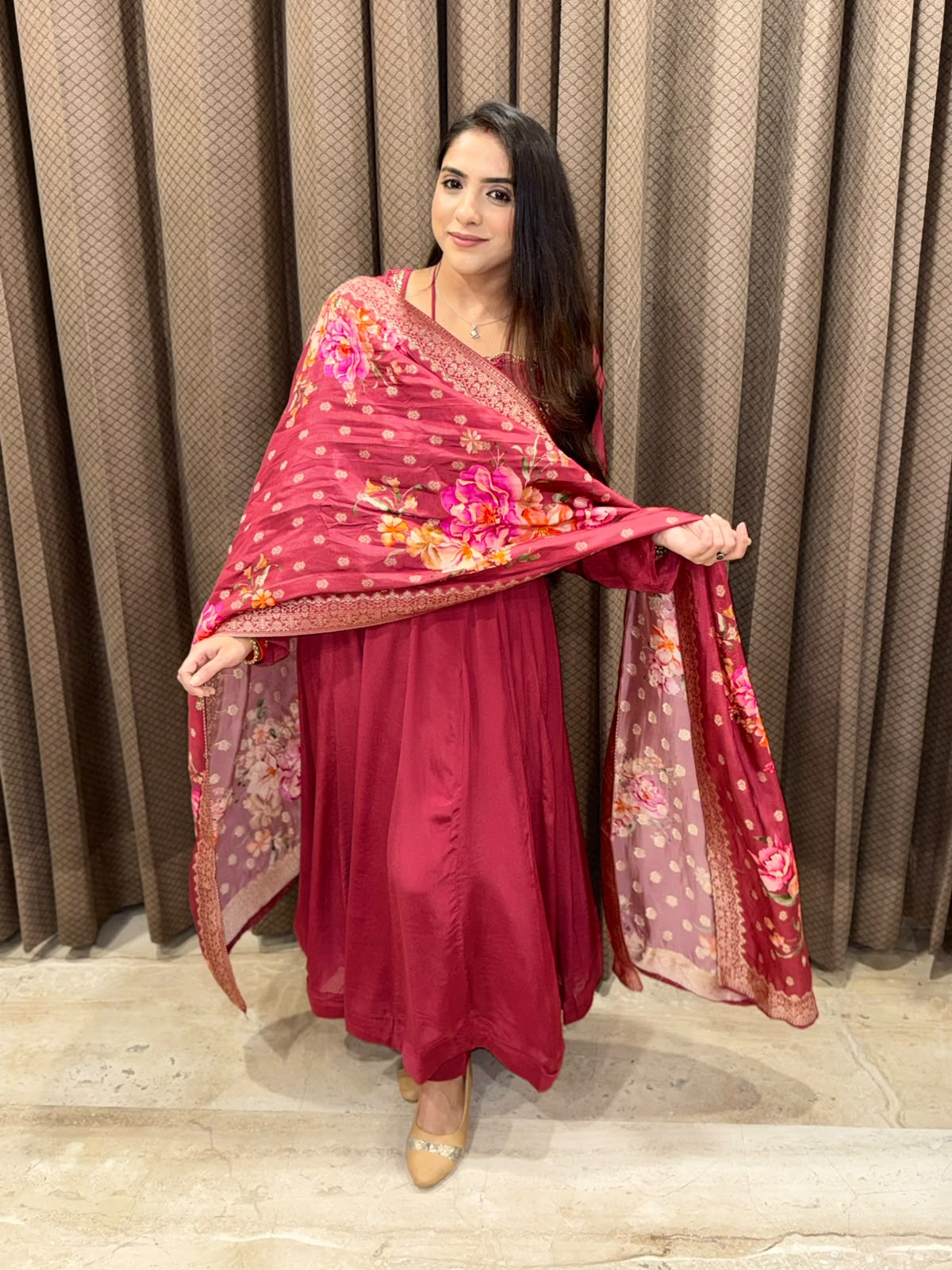 Dusty Pink Anarkali  Set with  designer neckline & floral dupatta