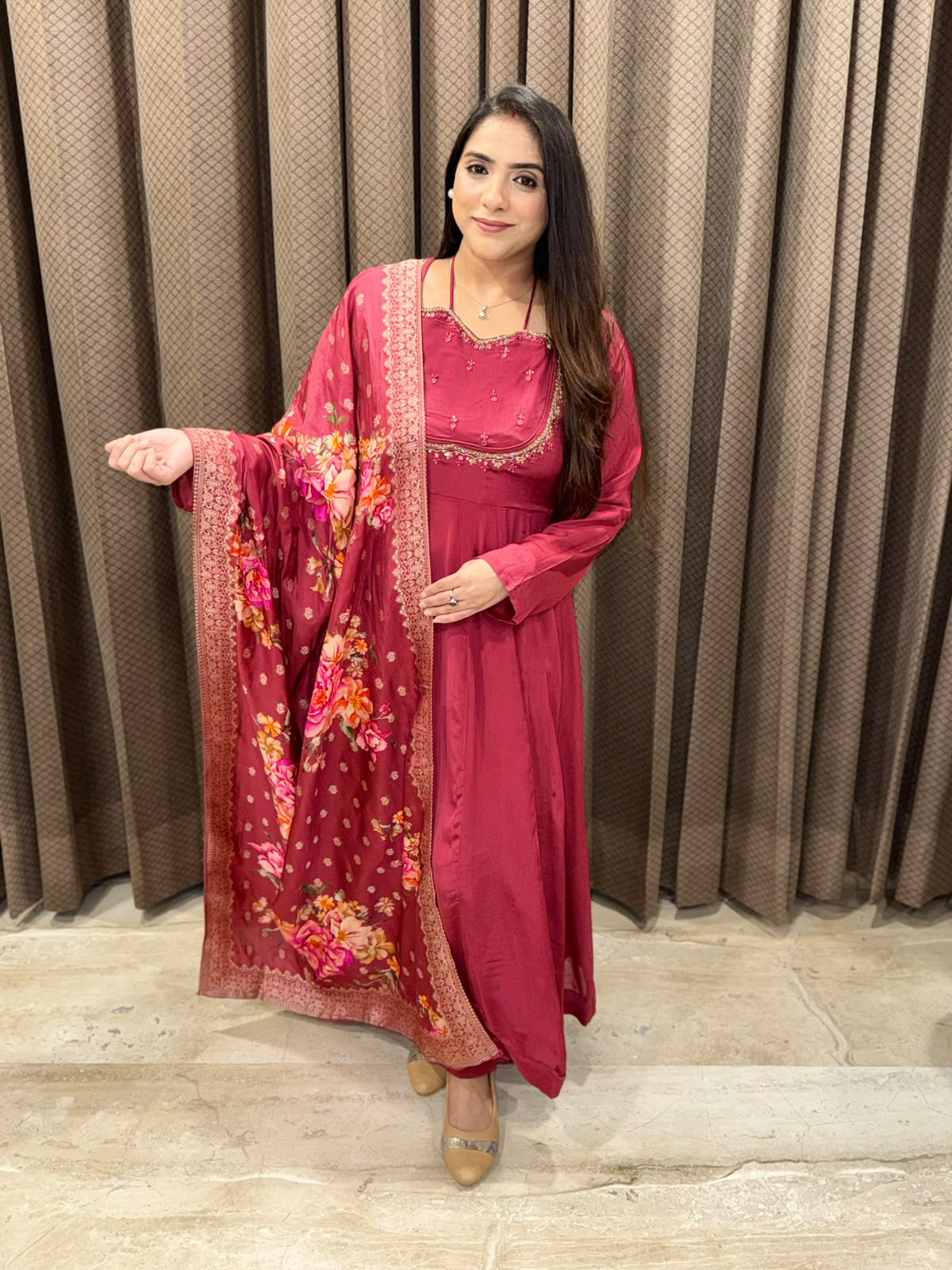 Dusty Pink Anarkali  Set with  designer neckline & floral dupatta