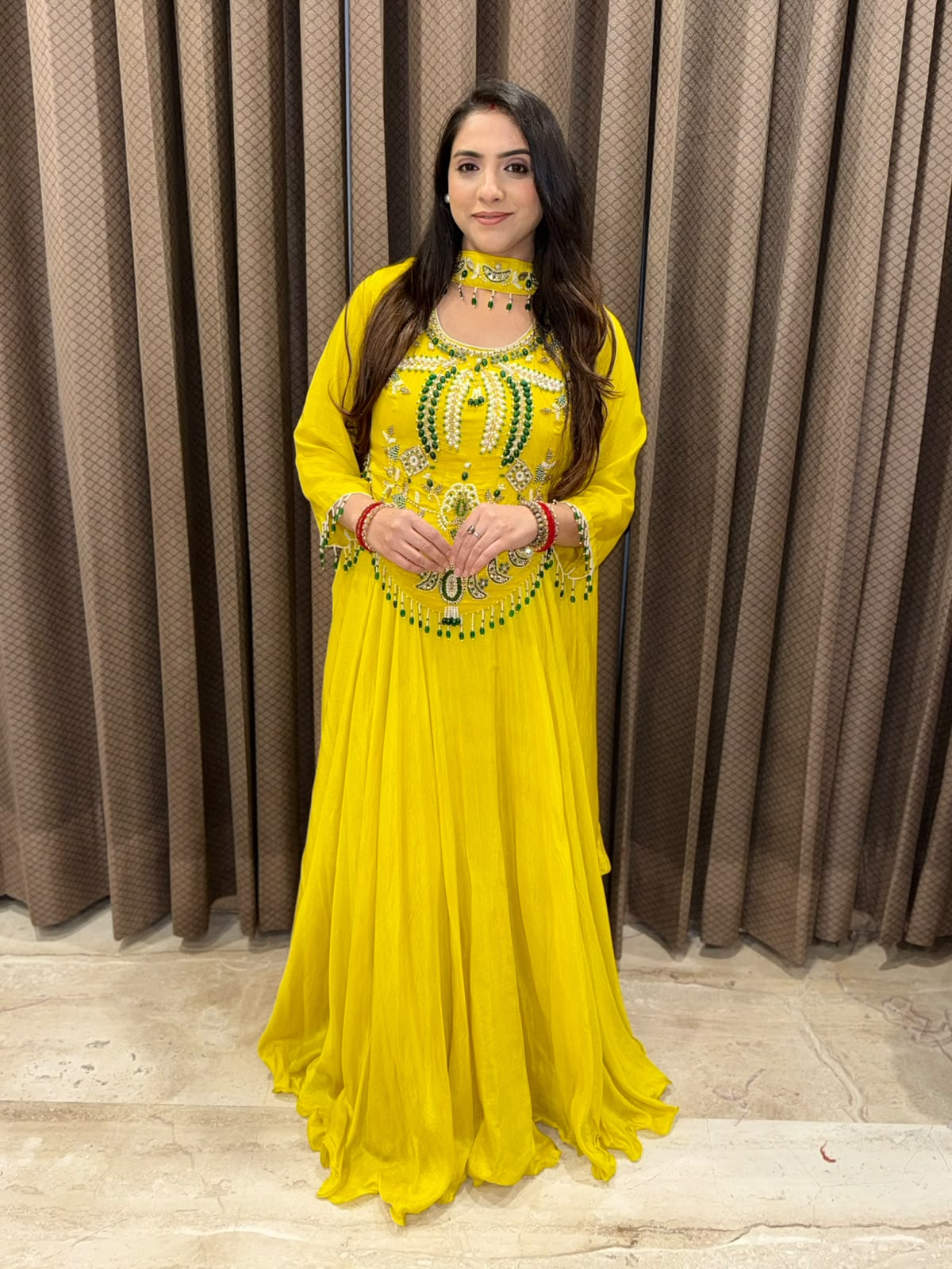 Yellow designer Indowestern Set with handwork & choker dupatta
