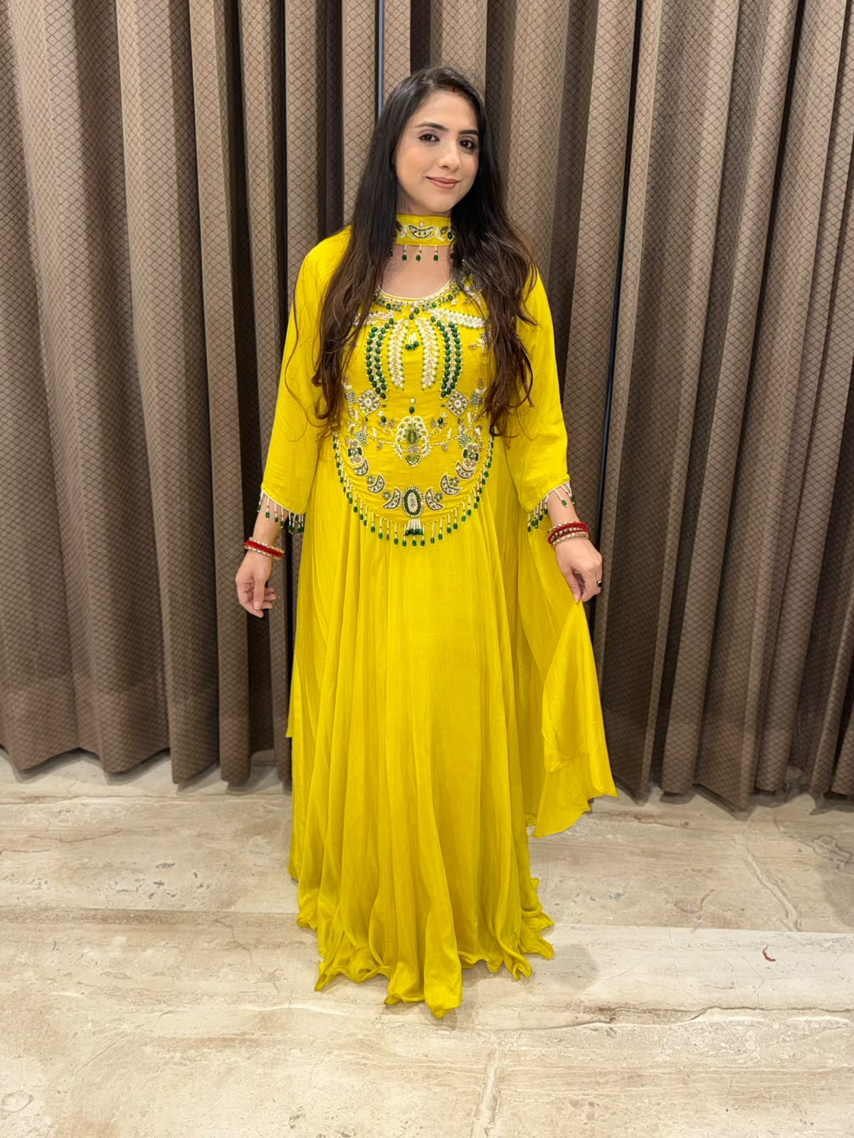 Yellow designer Indowestern Set with handwork & choker dupatta