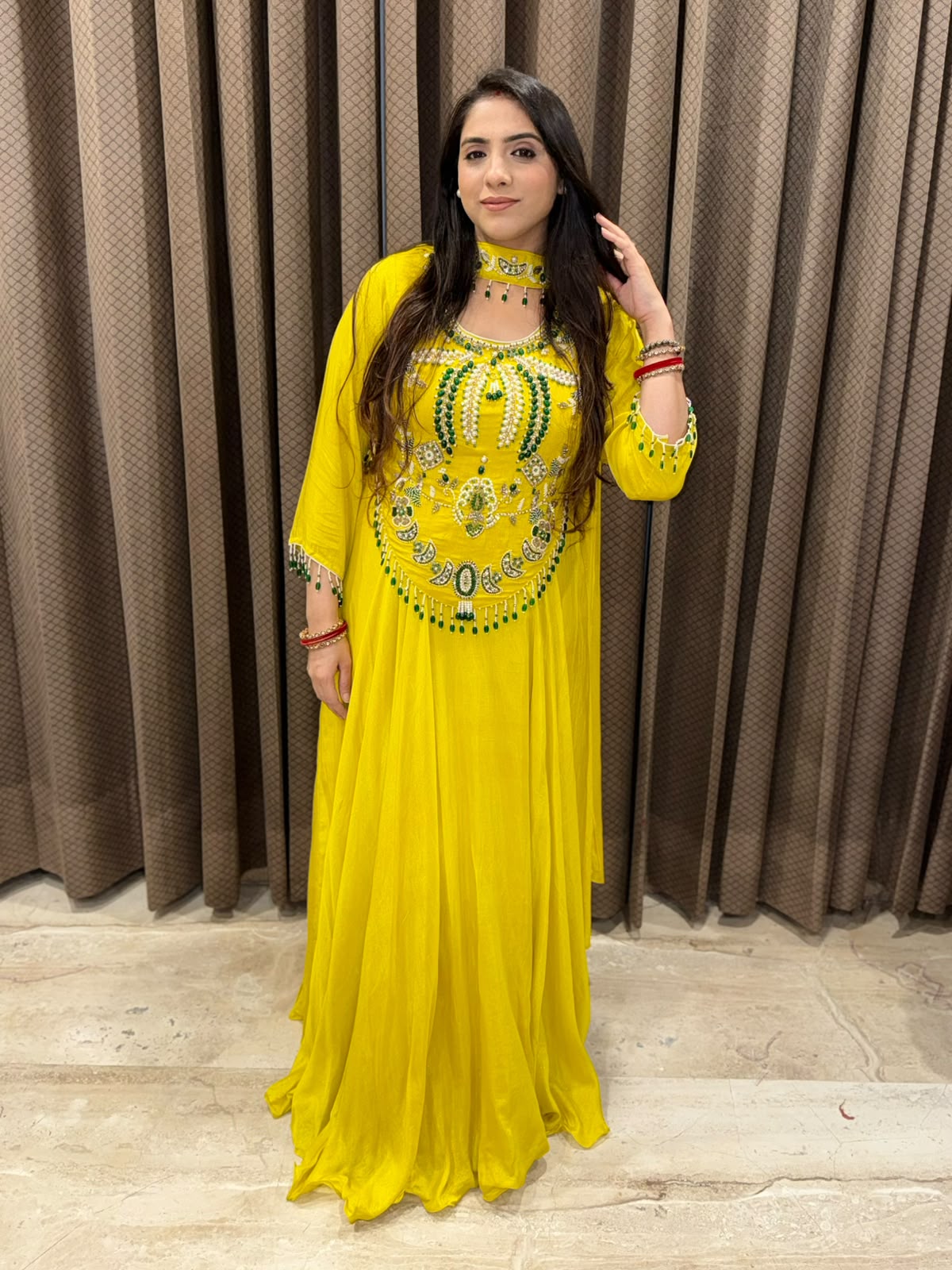 Yellow designer Indowestern Set with handwork & choker dupatta