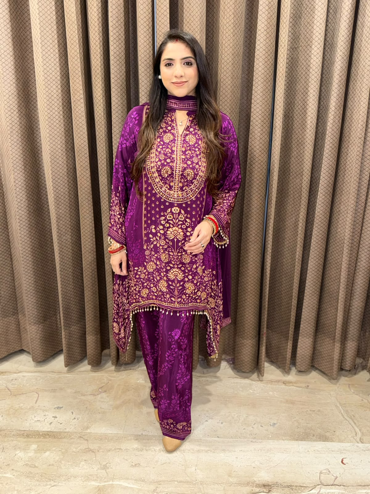 Purple Digital Handwork C-Cut Kurta Set with Dupatta