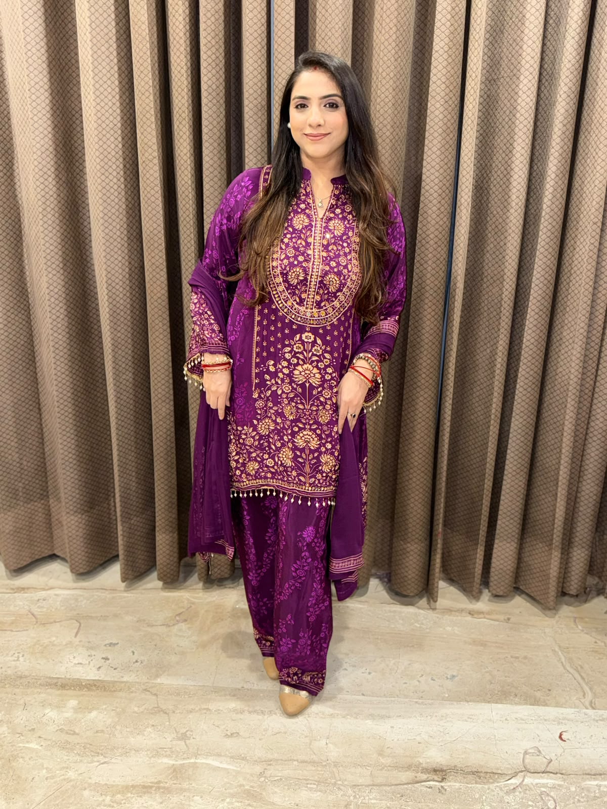 Purple Digital Handwork C-Cut Kurta Set with Dupatta