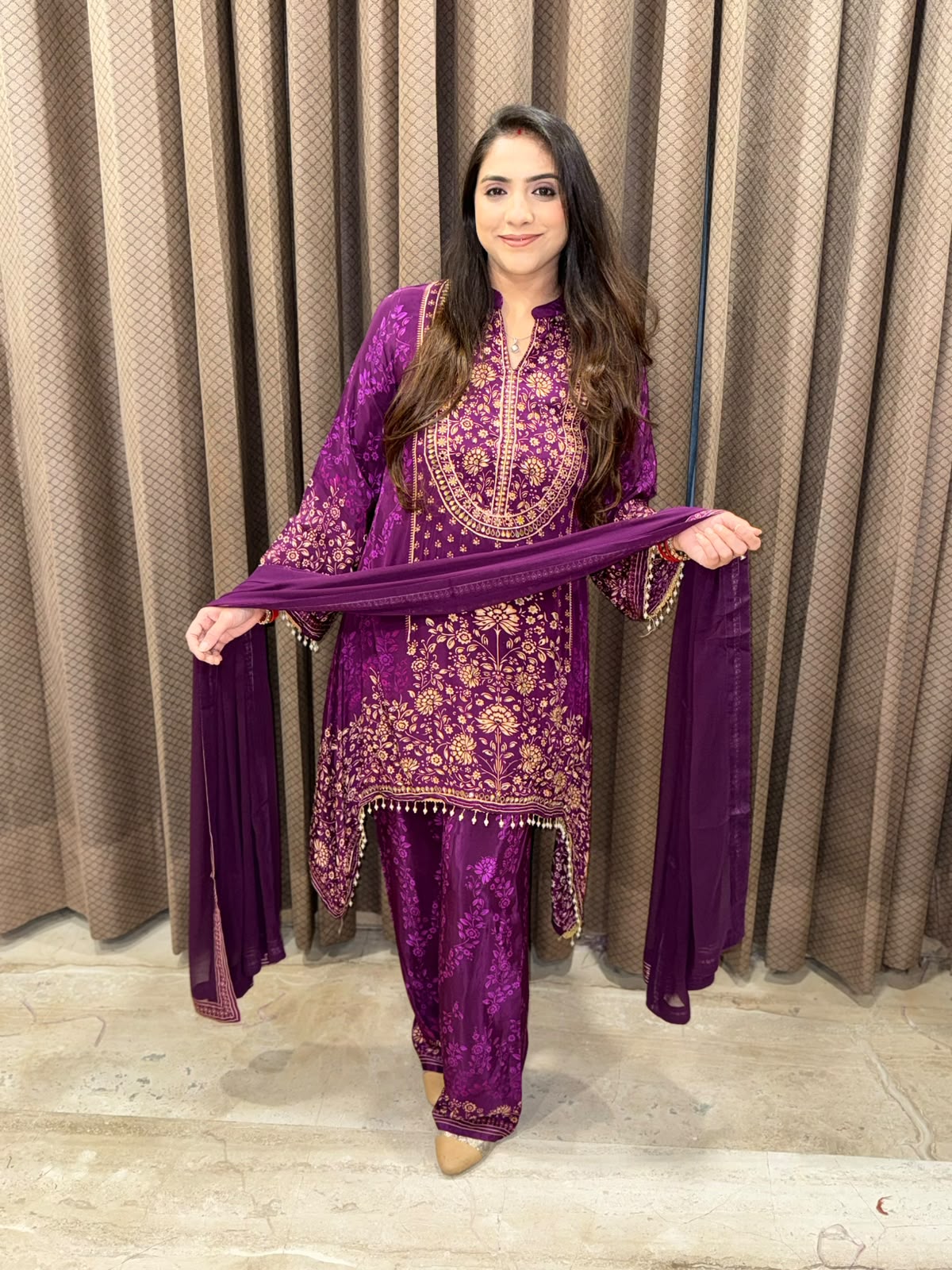 Purple Digital Handwork C-Cut Kurta Set with Dupatta