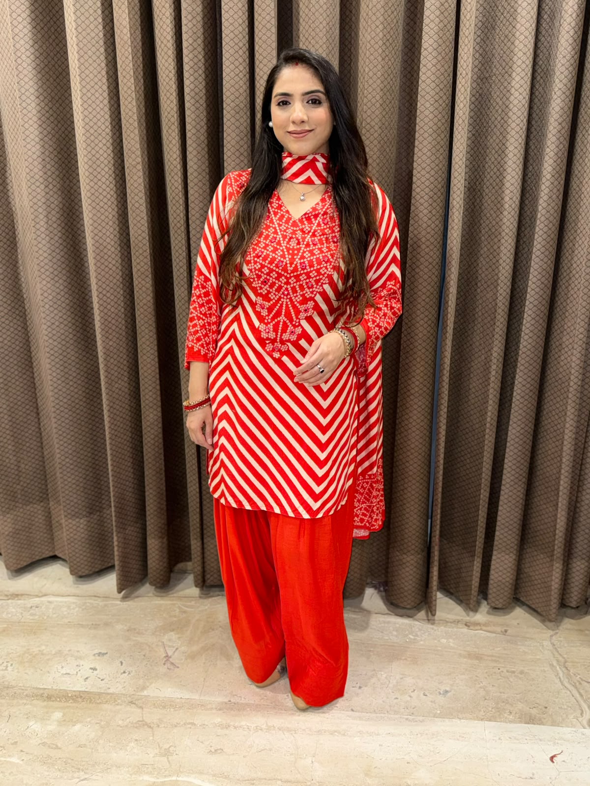 Red Bandhani Farshi Set with designer neckline & dupatta
