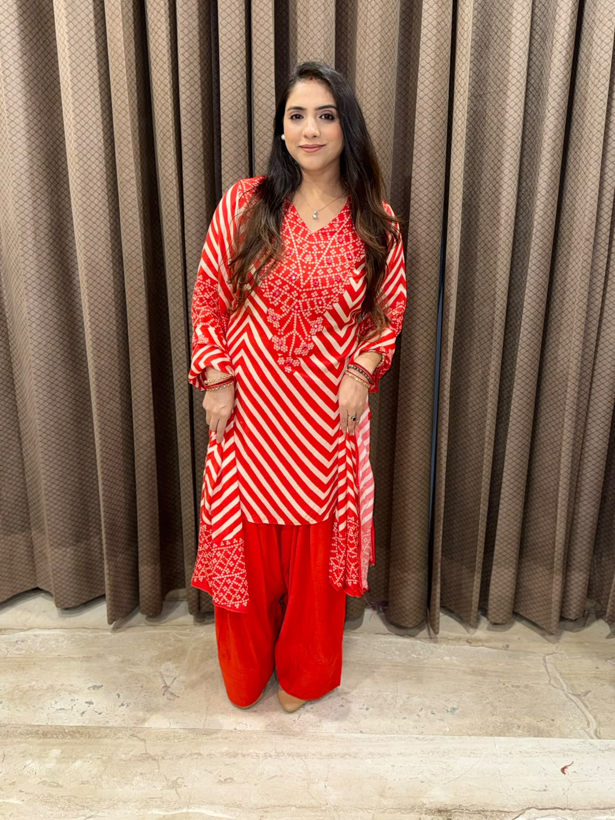 Red Bandhani Farshi Set with designer neckline & dupatta