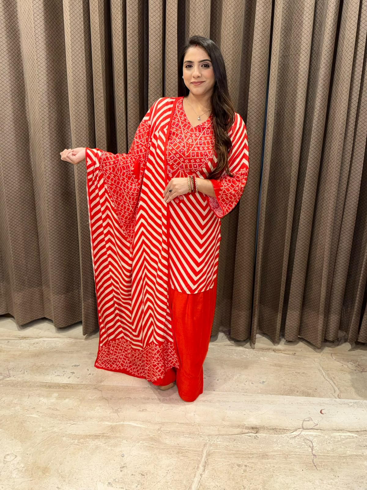 Red Bandhani Farshi Set with designer neckline & dupatta