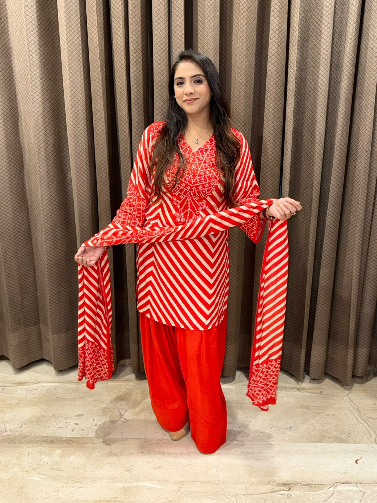 Red Bandhani Farshi Set with designer neckline & dupatta