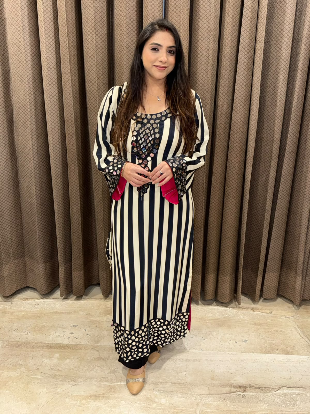 Black designer stripe long phiran set with real mirror handwork