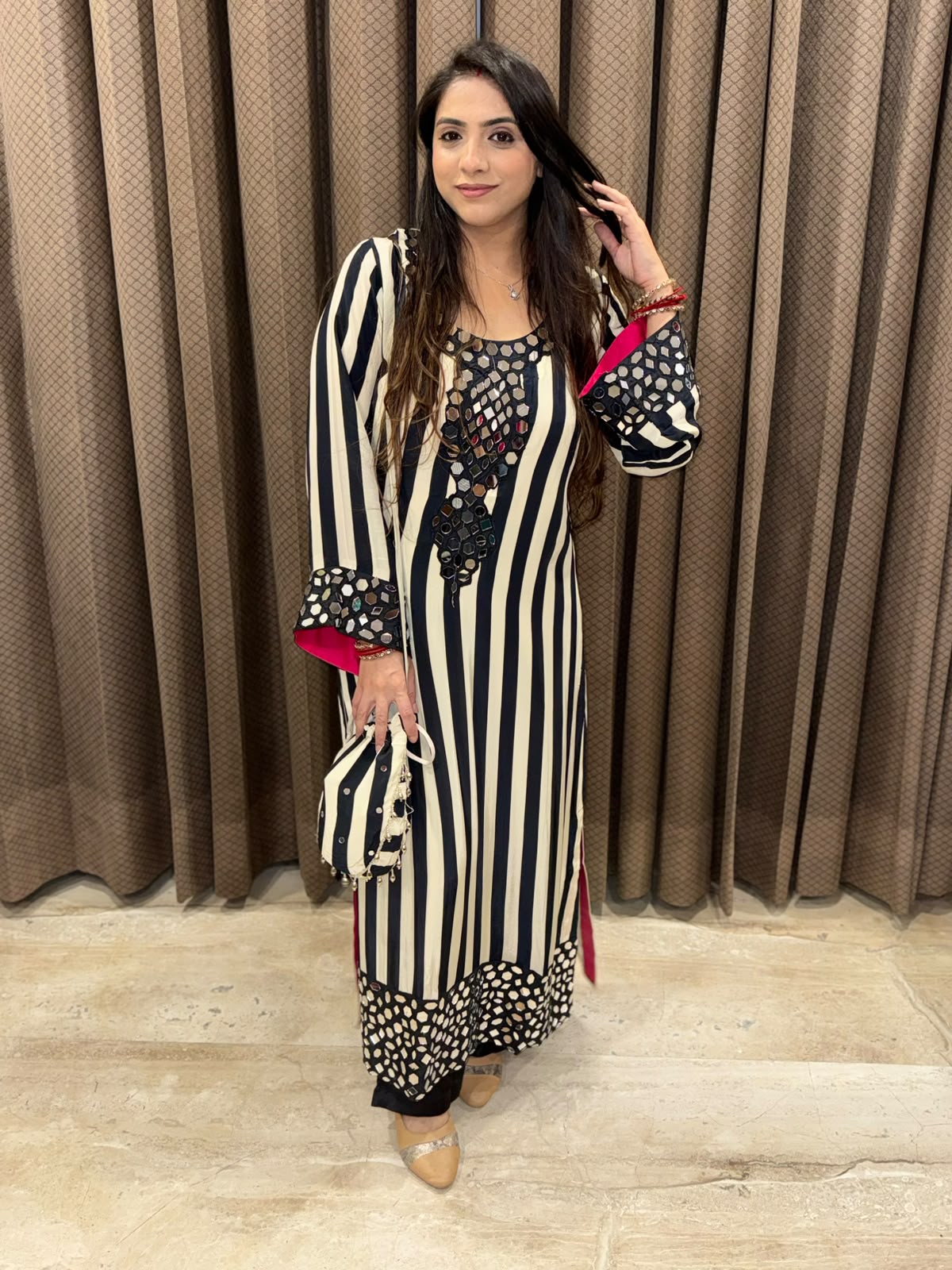 Black designer stripe long phiran set with real mirror handwork