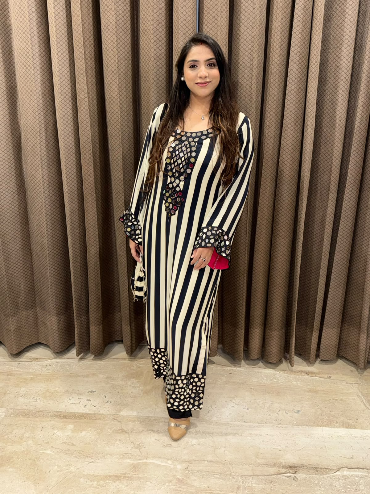 Black designer stripe long phiran set with real mirror handwork