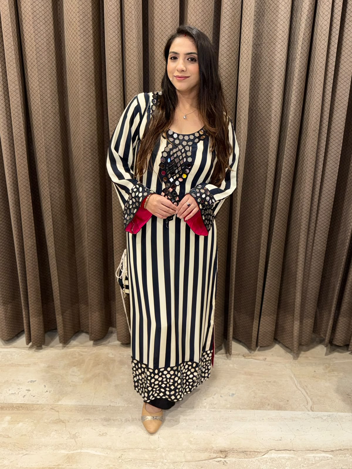 Black designer stripe long phiran set with real mirror handwork