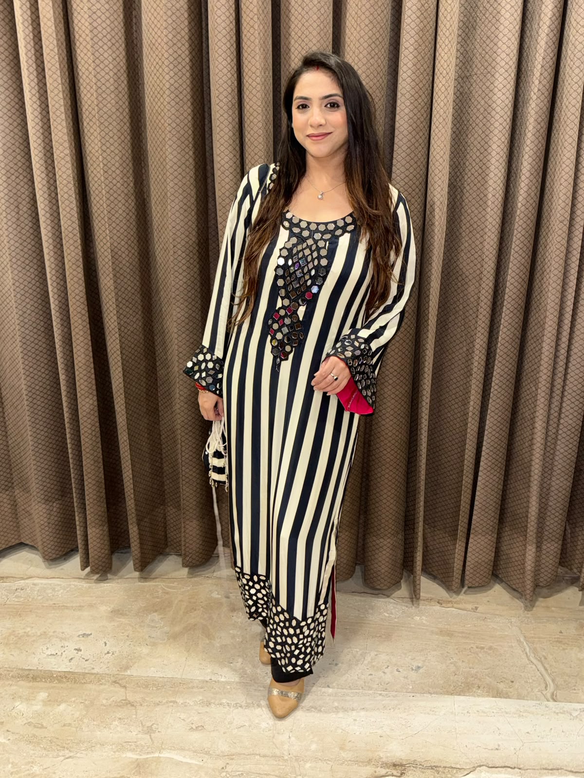 Black designer stripe long phiran set with real mirror handwork