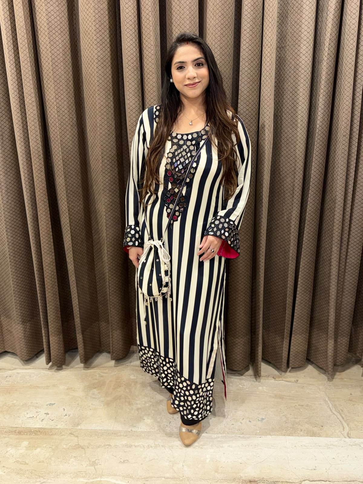 Black designer stripe long phiran set with real mirror handwork