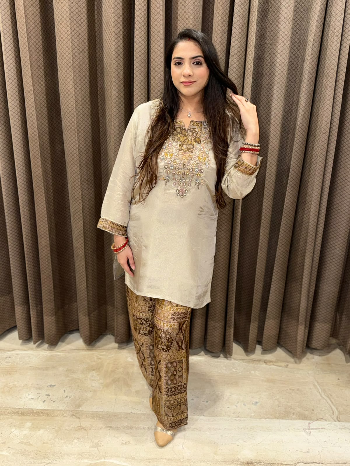 Brown Co-ord set Digital Pants with handwork