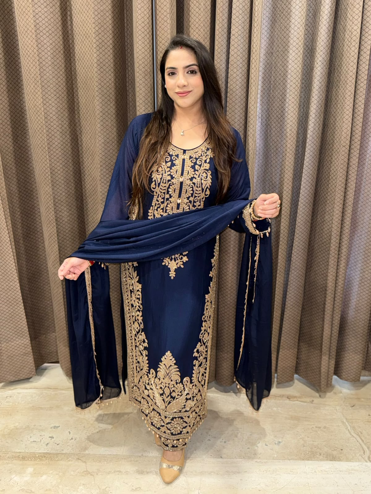 Blue Long suit with designer handwork with dupatta