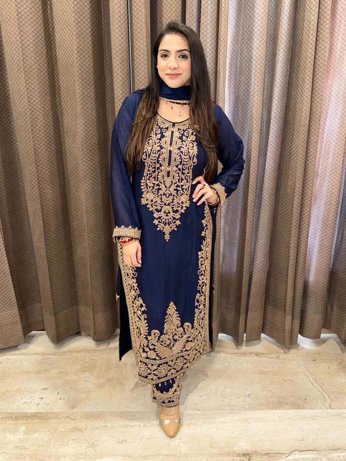 Blue Long suit with designer handwork with dupatta