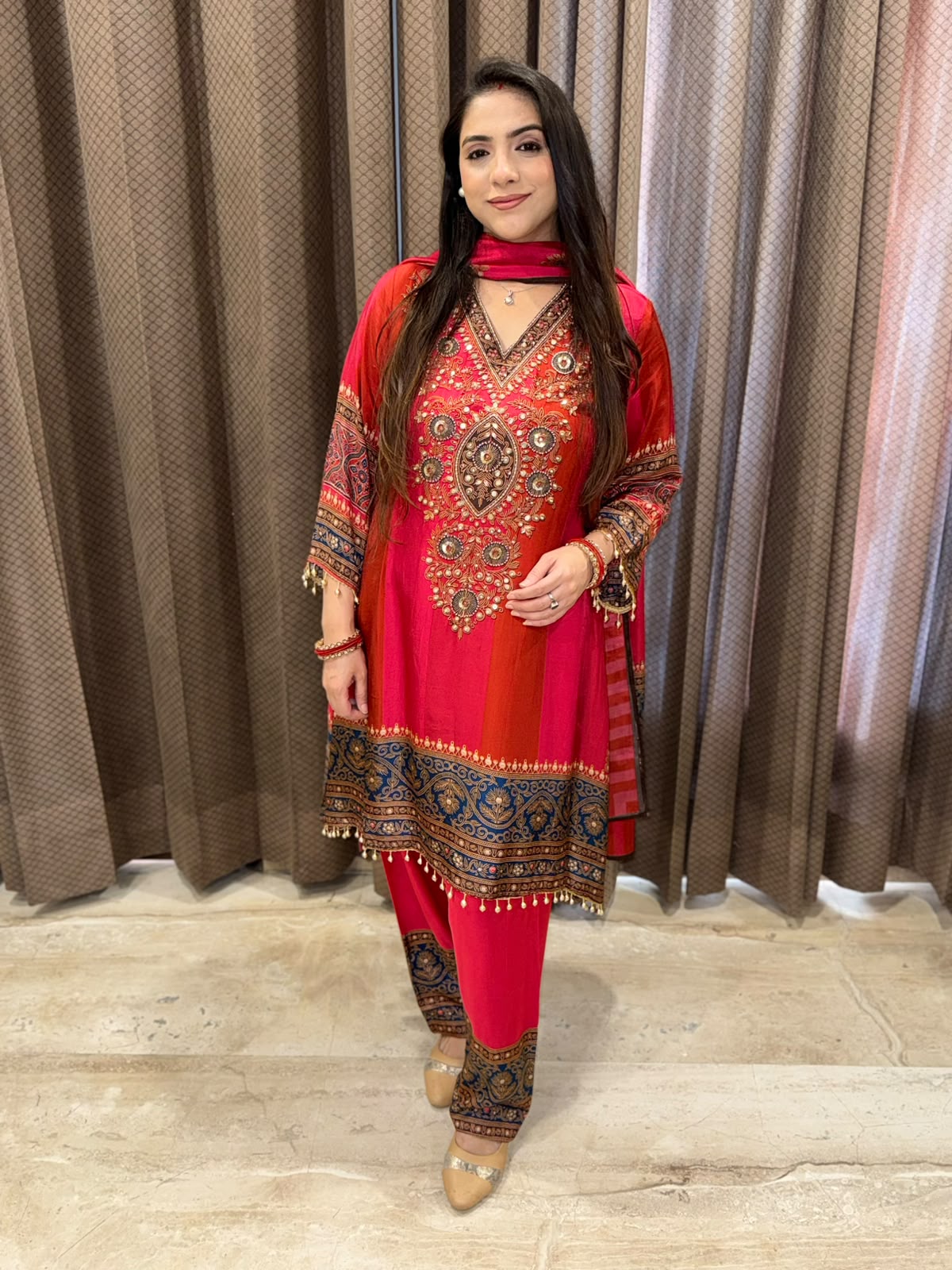 Red Digital Handwork C-Cut Kurta set with dupatta
