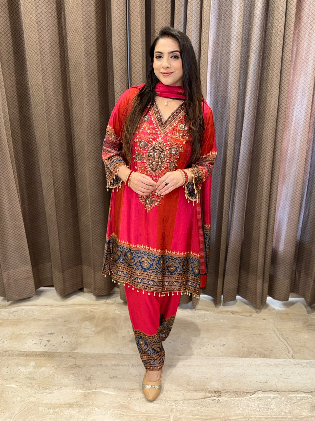 Red Digital Handwork C-Cut Kurta set with dupatta