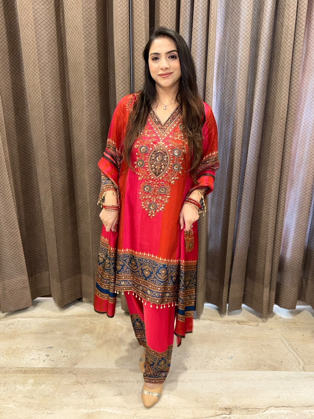 Red Digital Handwork C-Cut Kurta set with dupatta