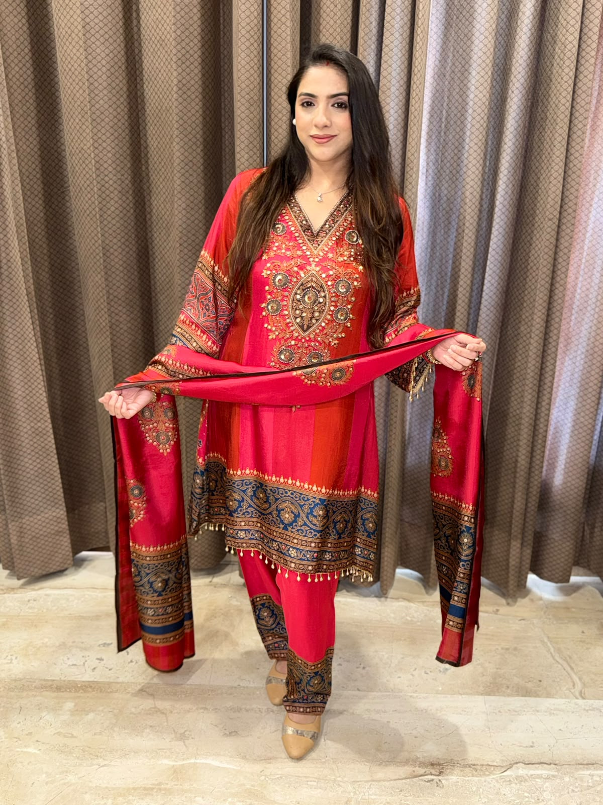 Red Digital Handwork C-Cut Kurta set with dupatta