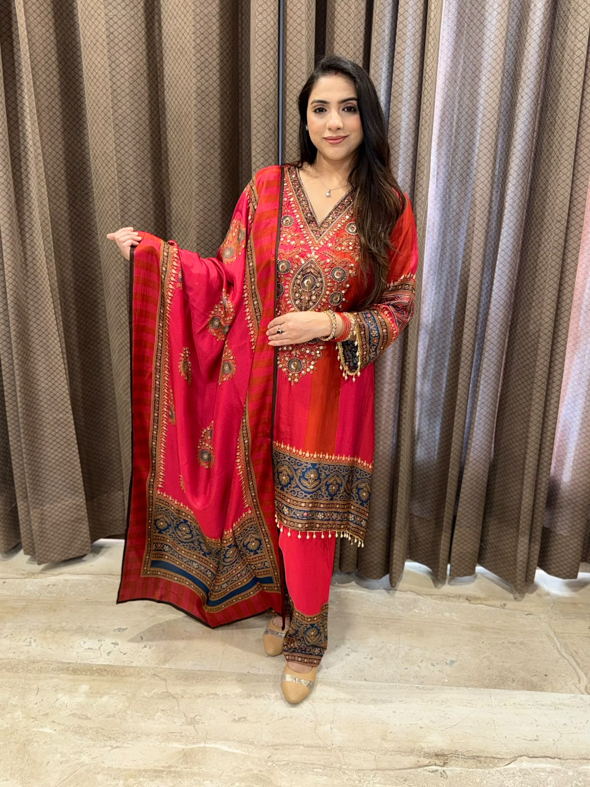 Red Digital Handwork C-Cut Kurta set with dupatta