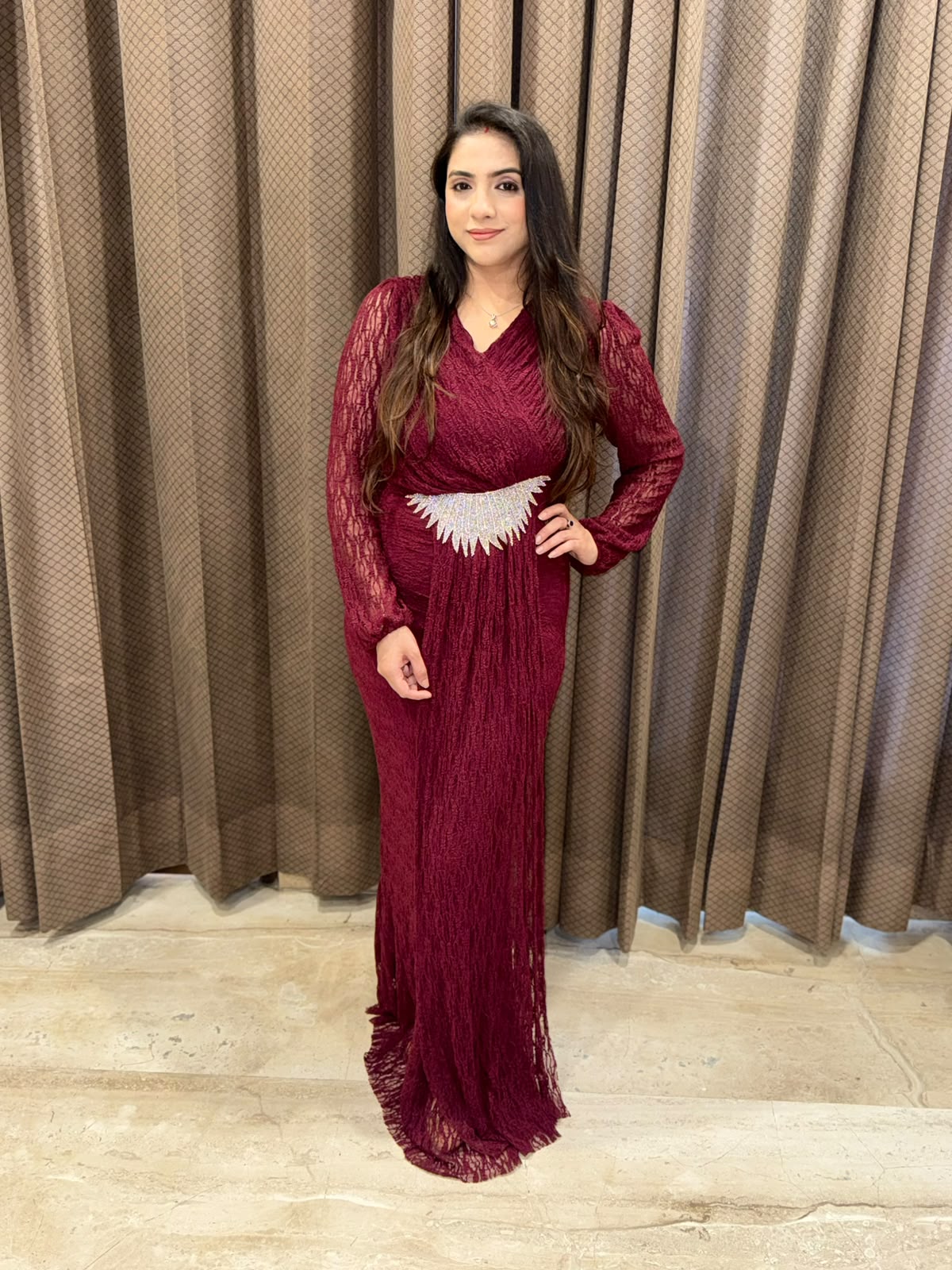 Maroon long dress with studed eagle buckle