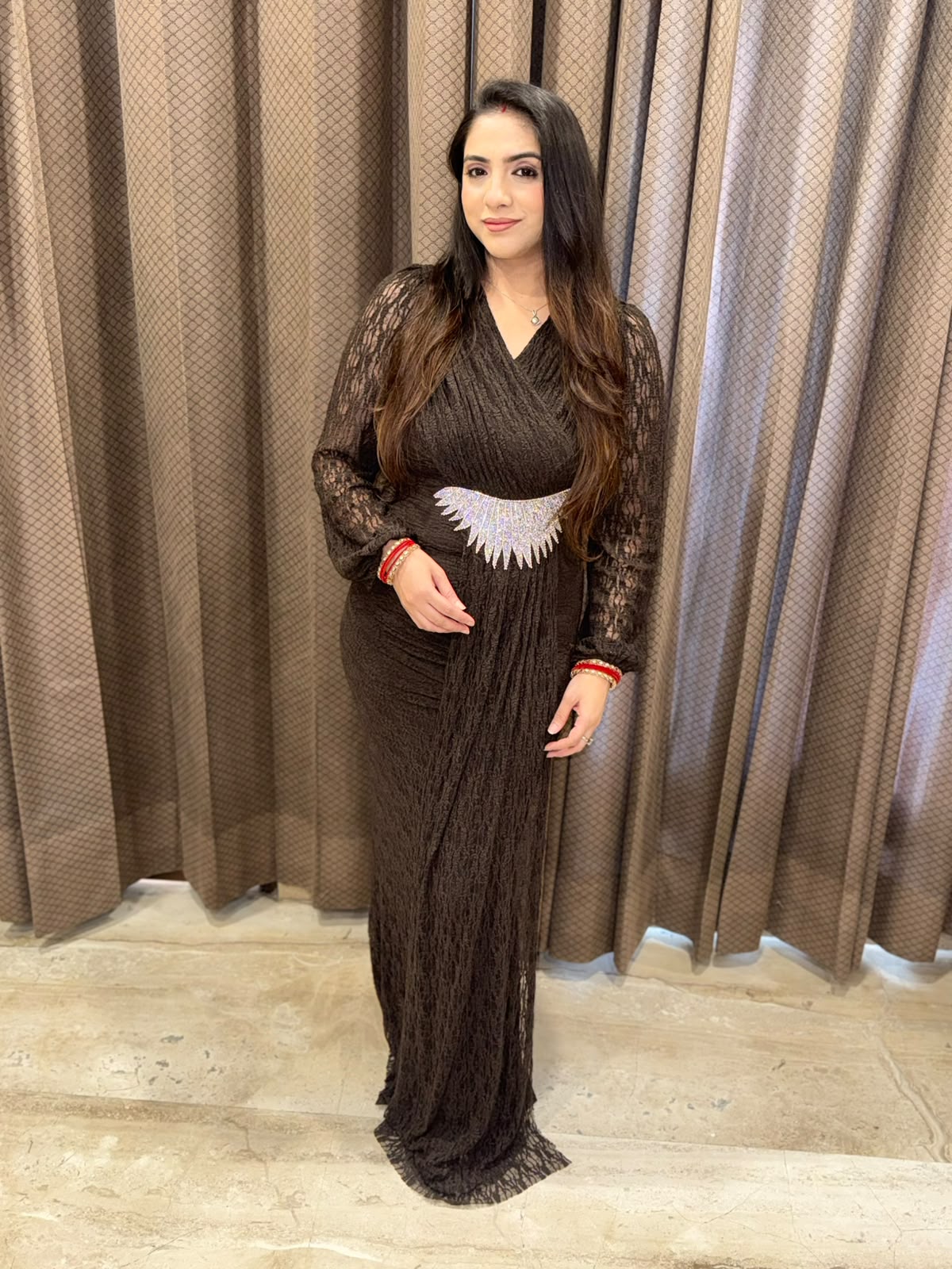 Brown long dress with studed eagle buckle