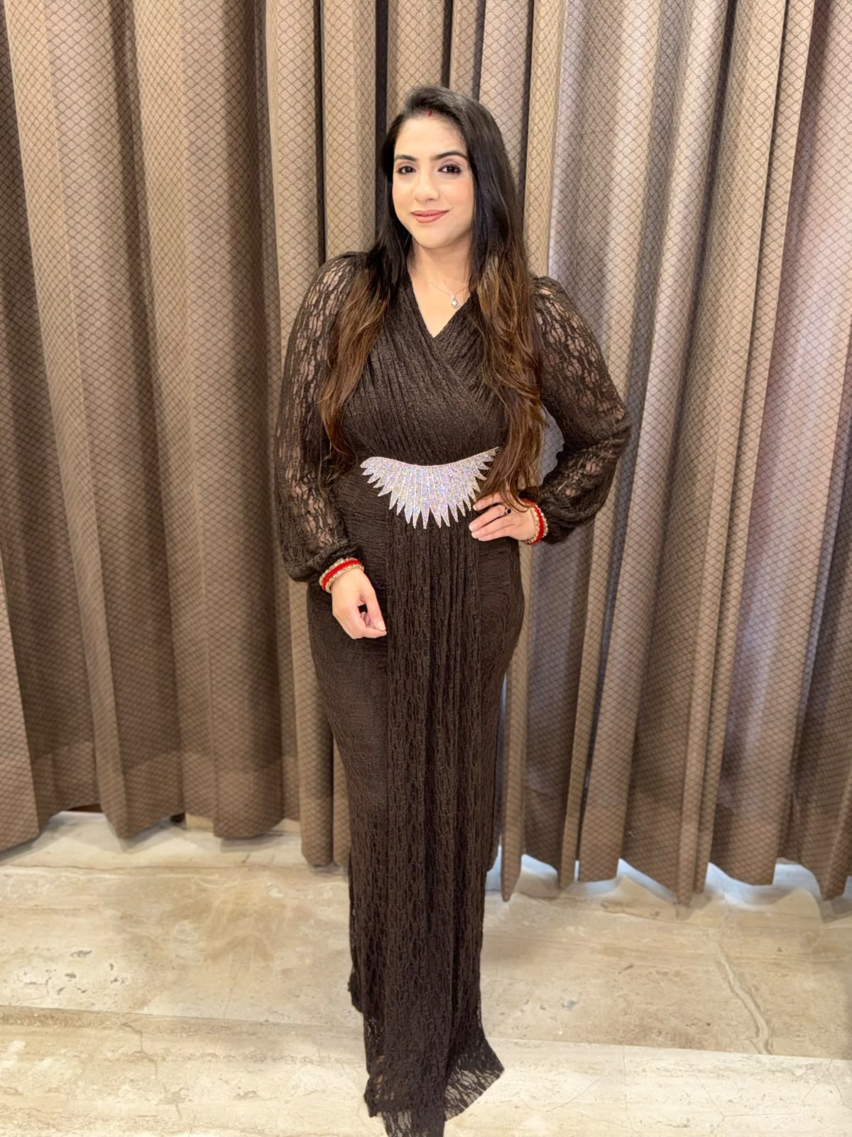 Brown long dress with studed eagle buckle