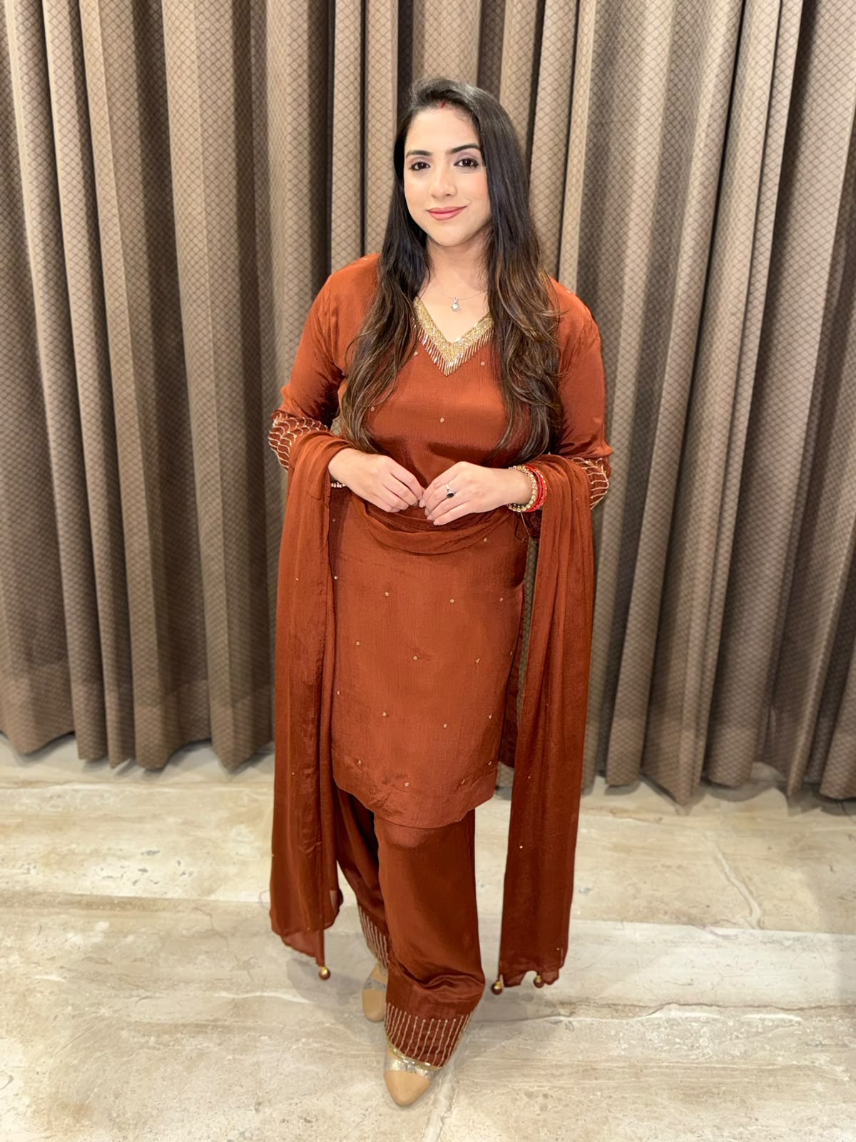 Brown Designer Farshi set with handwork and dupatta