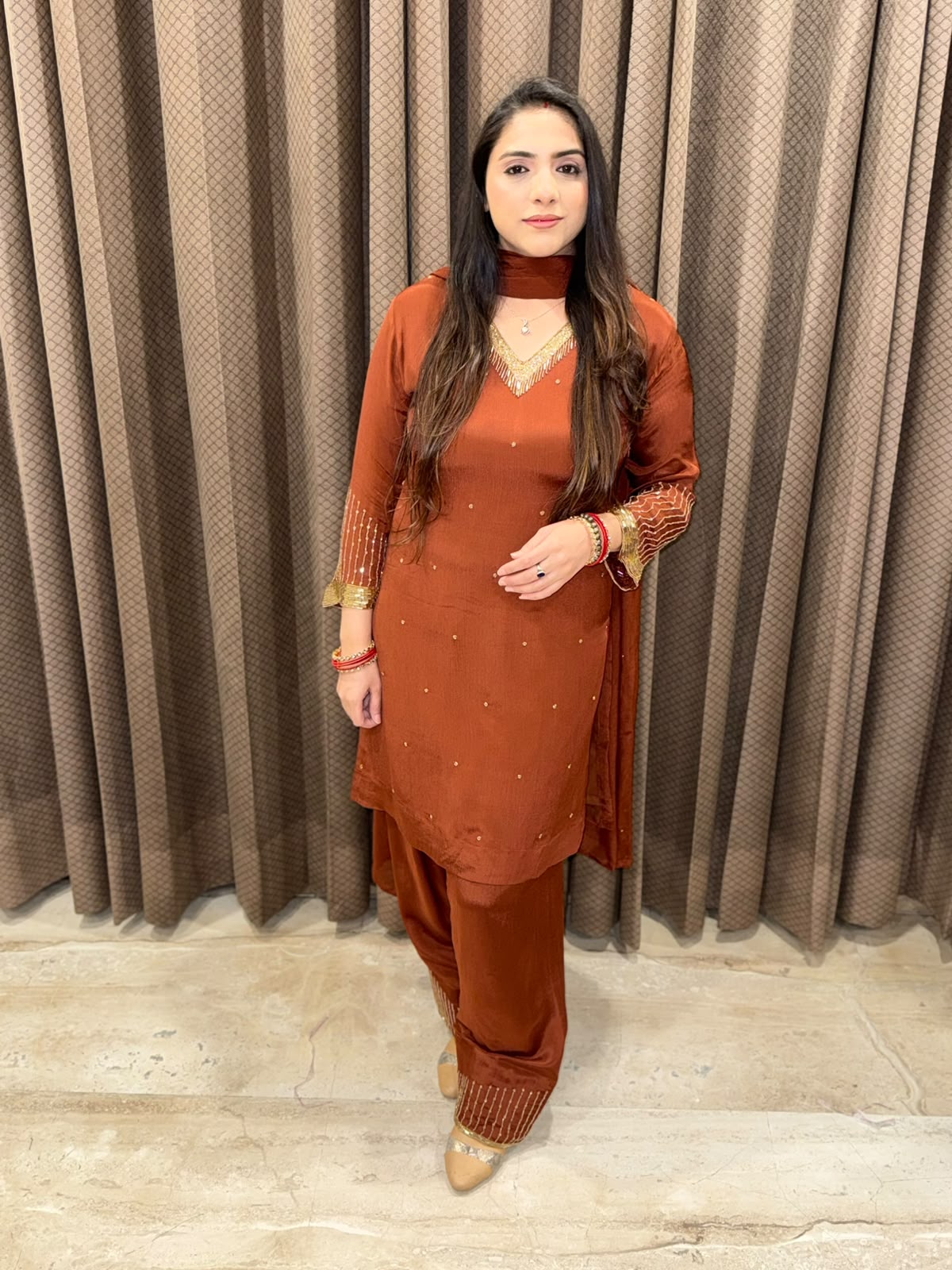 Brown Designer Farshi set with handwork and dupatta