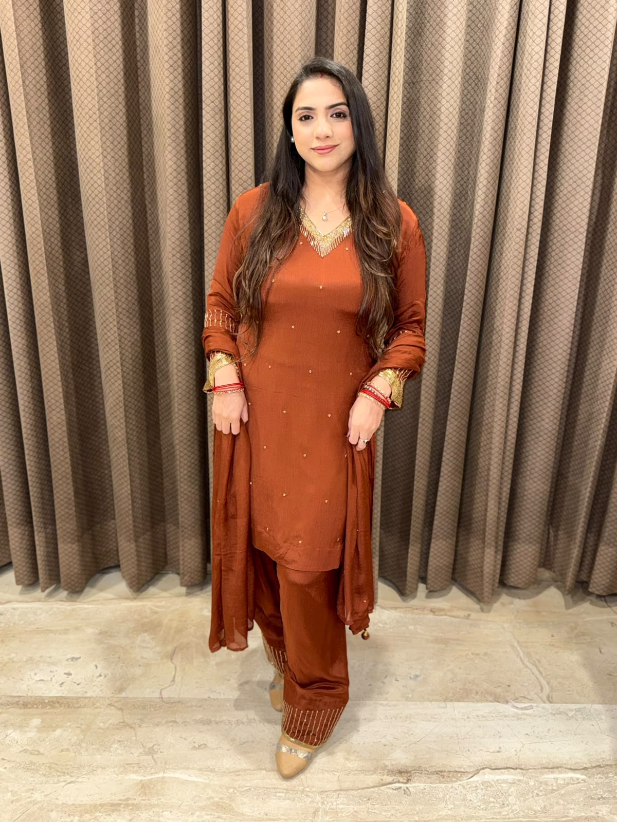 Brown Designer Farshi set with handwork and dupatta