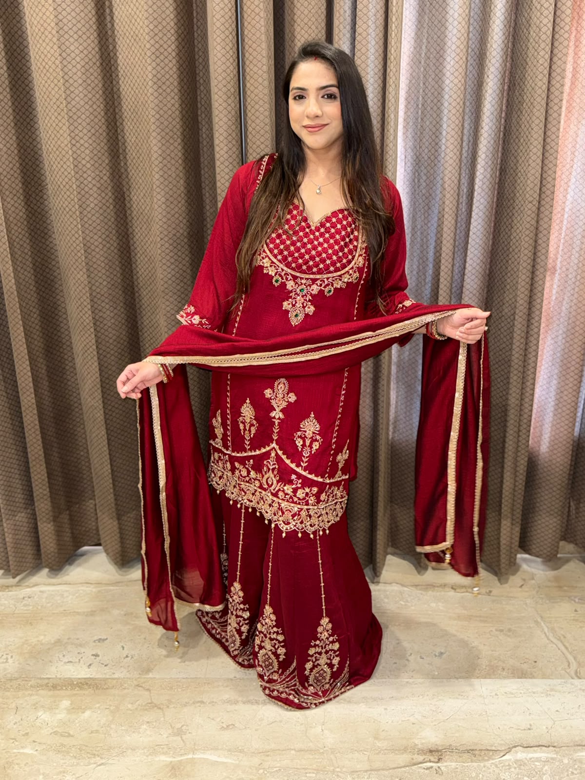 Maroon Sharara set with designer handwork & dupatta