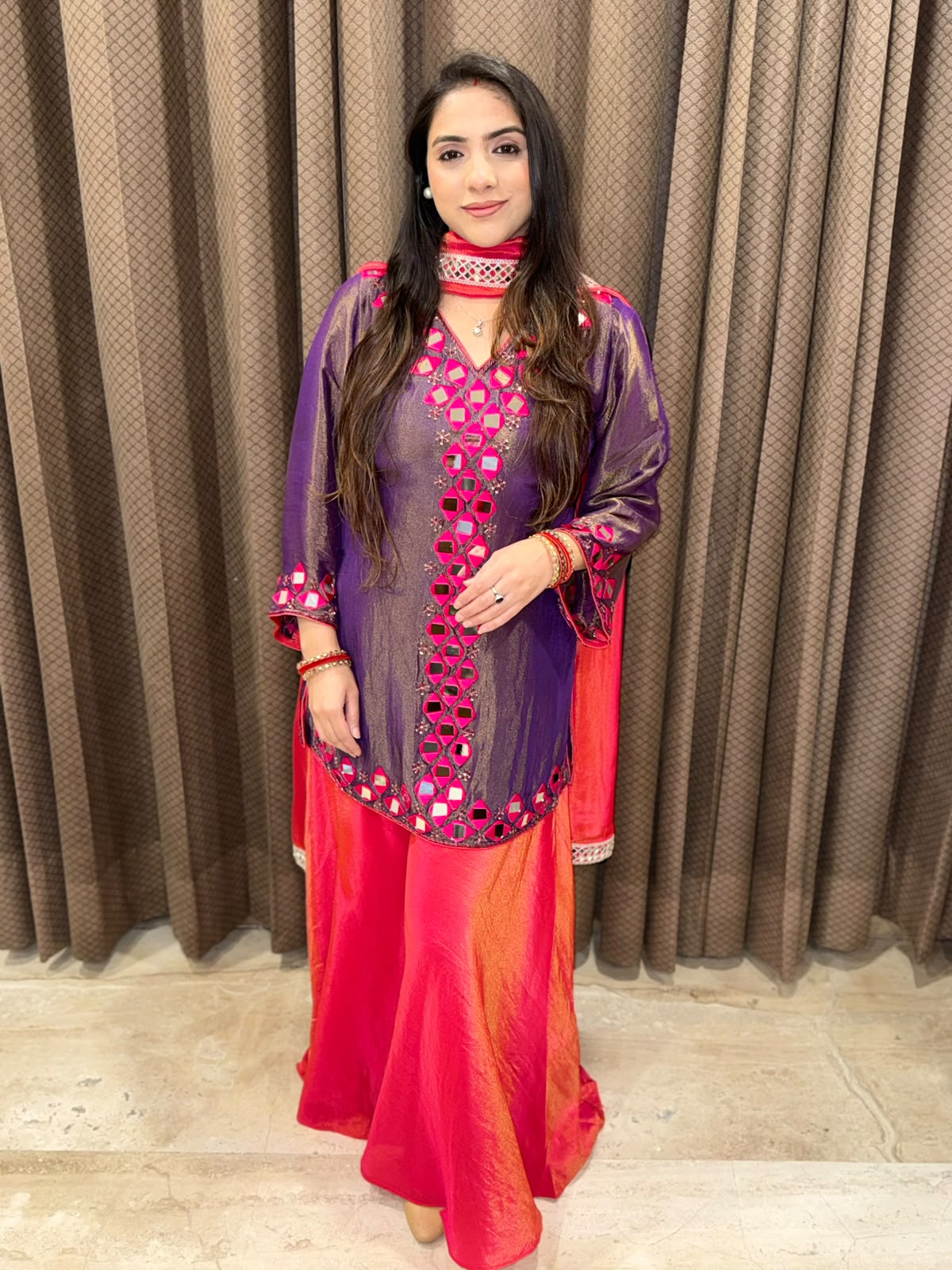 Purple & Pink sharara set with real mirror handwork and dupatta