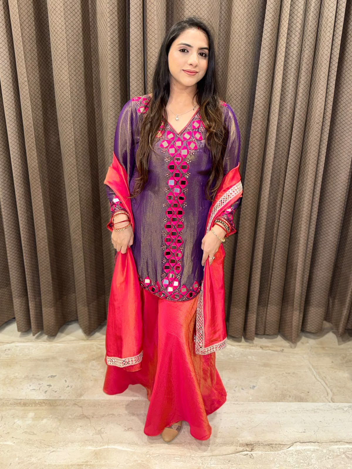 Purple & Pink sharara set with real mirror handwork and dupatta