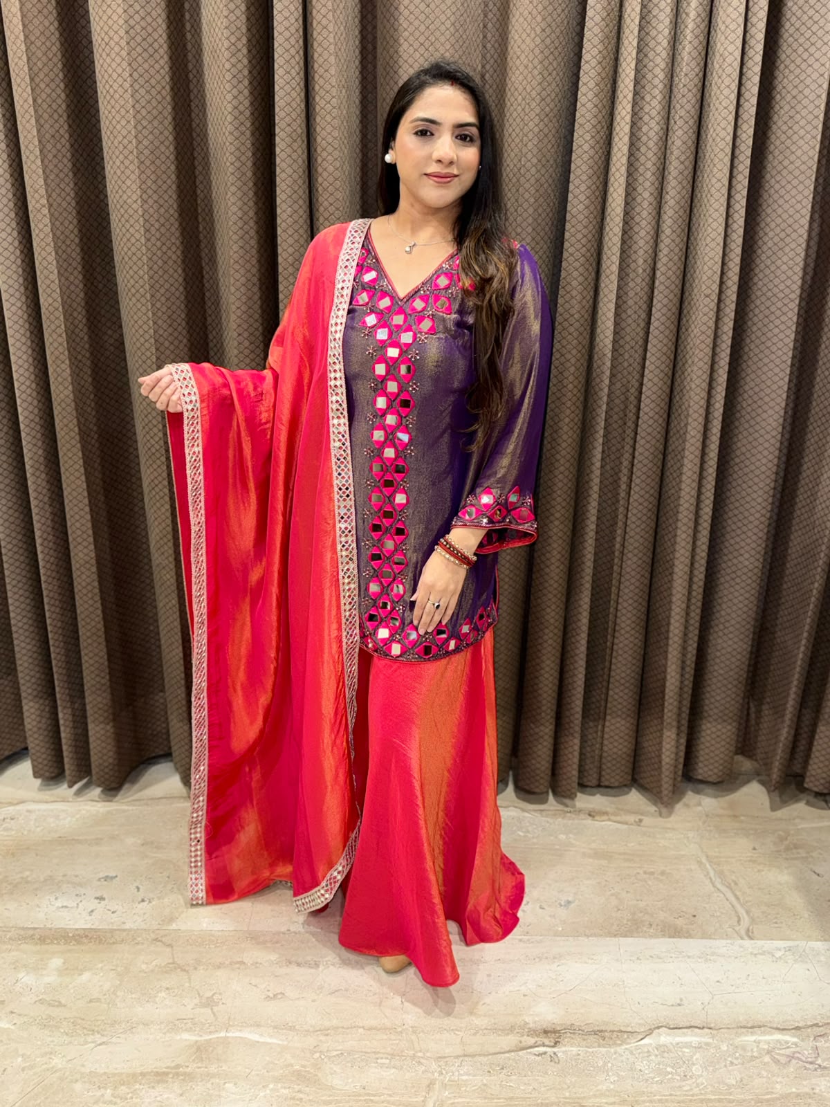Purple & Pink sharara set with real mirror handwork and dupatta
