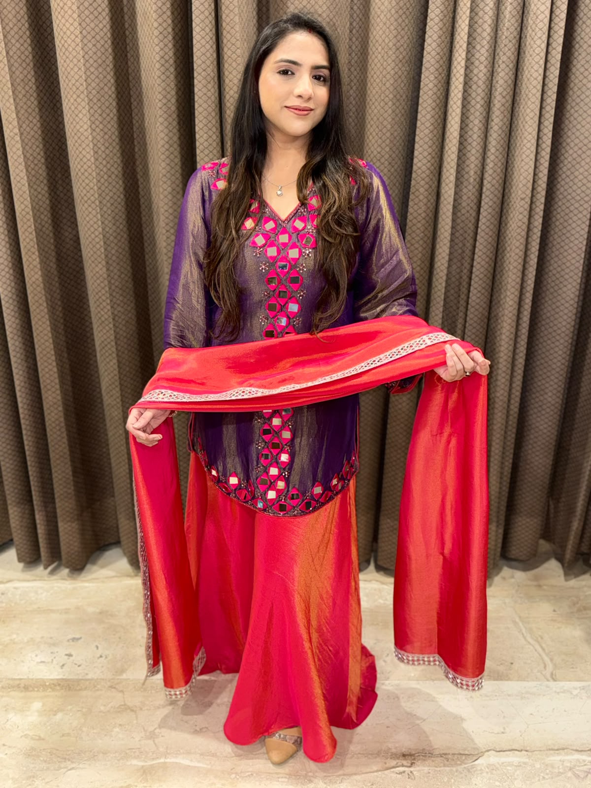 Purple & Pink sharara set with real mirror handwork and dupatta