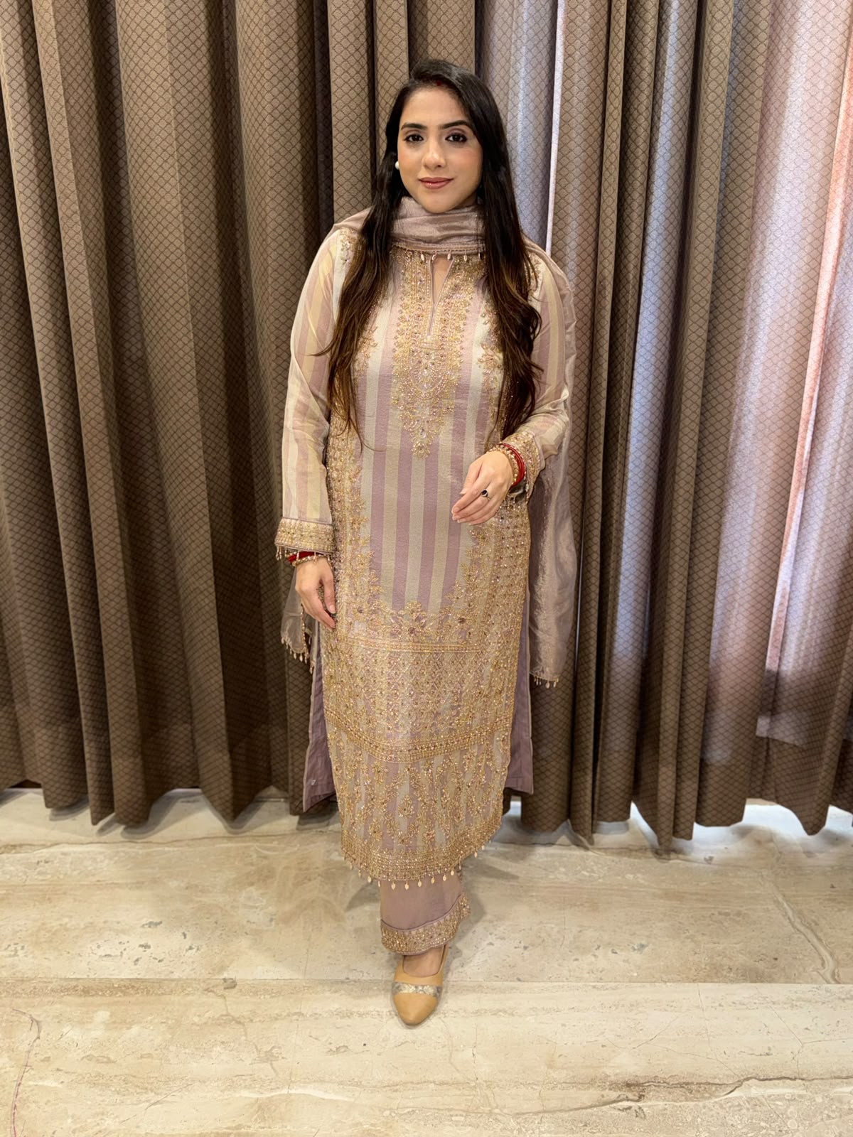 Lilac Long suit with exclusive handwork with dupatta