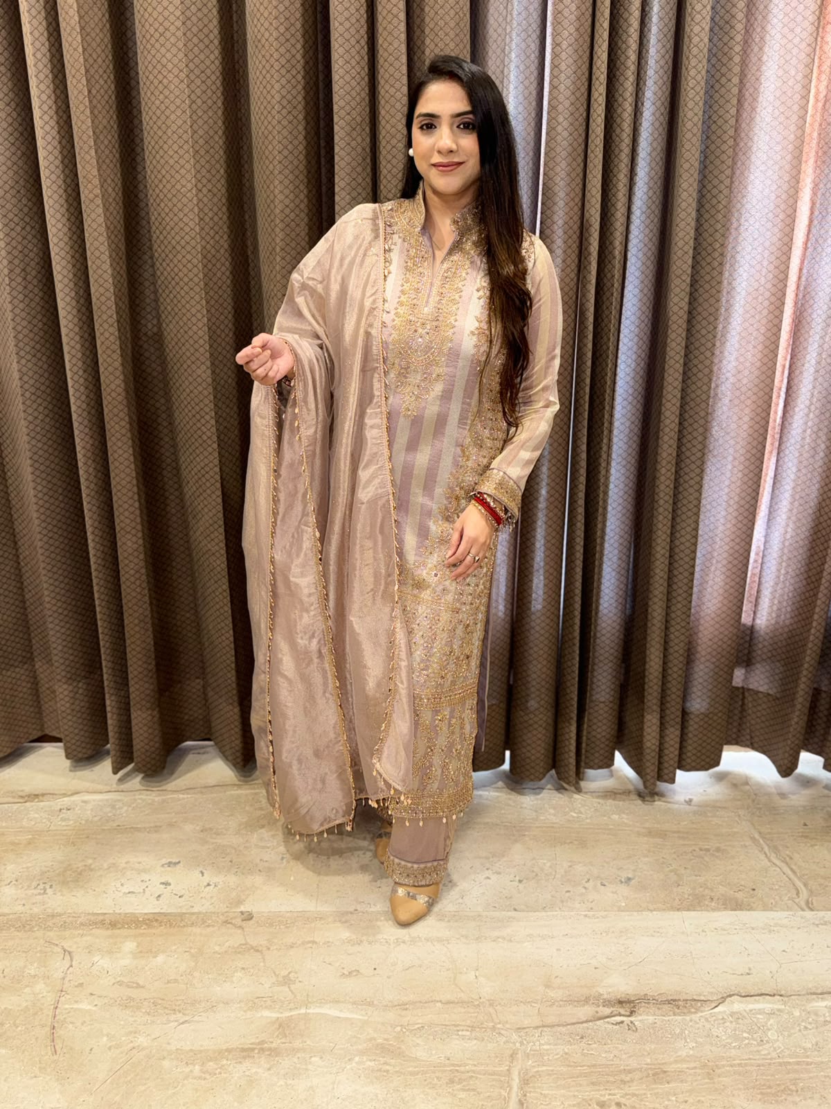 Lilac Long suit with exclusive handwork with dupatta