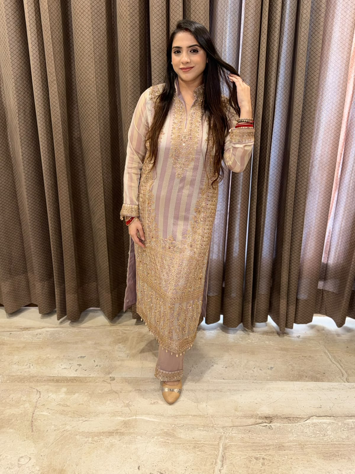 Lilac Long suit with exclusive handwork with dupatta