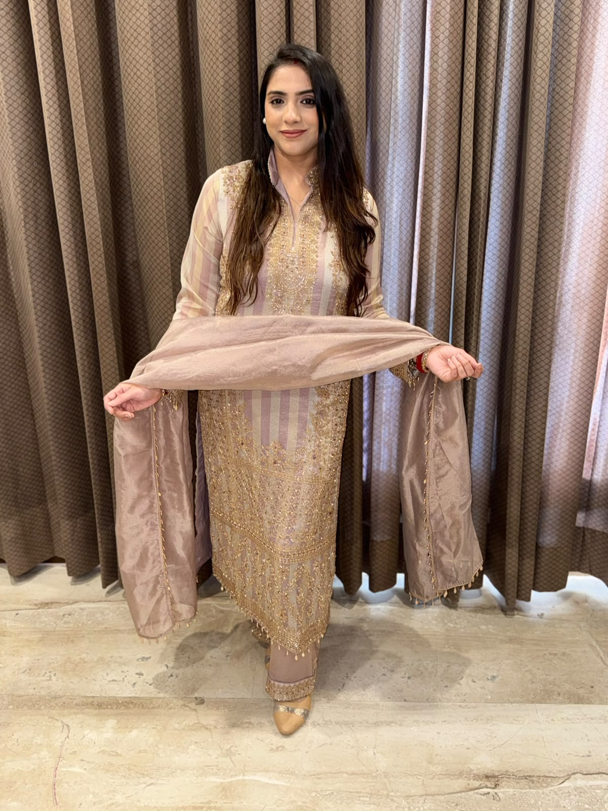 Lilac Long suit with exclusive handwork with dupatta