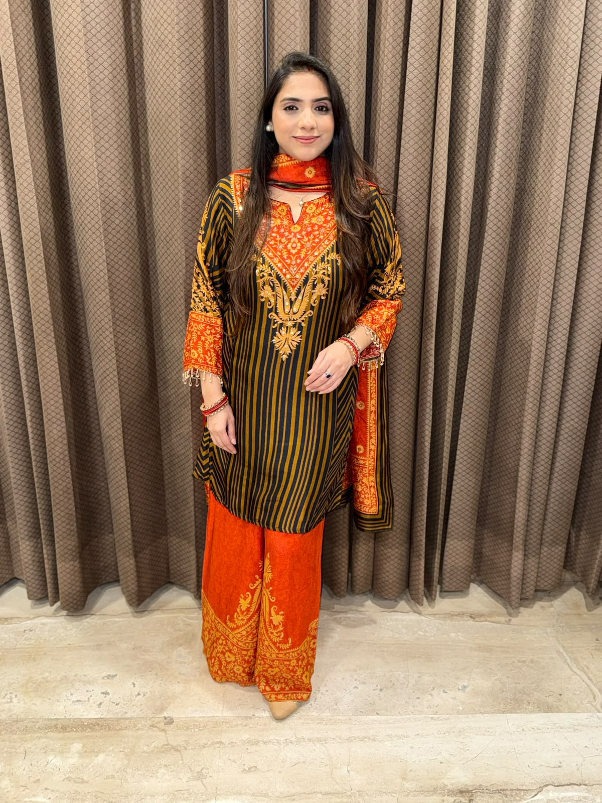 Rust Digital Handwork Kurta set with dupatta