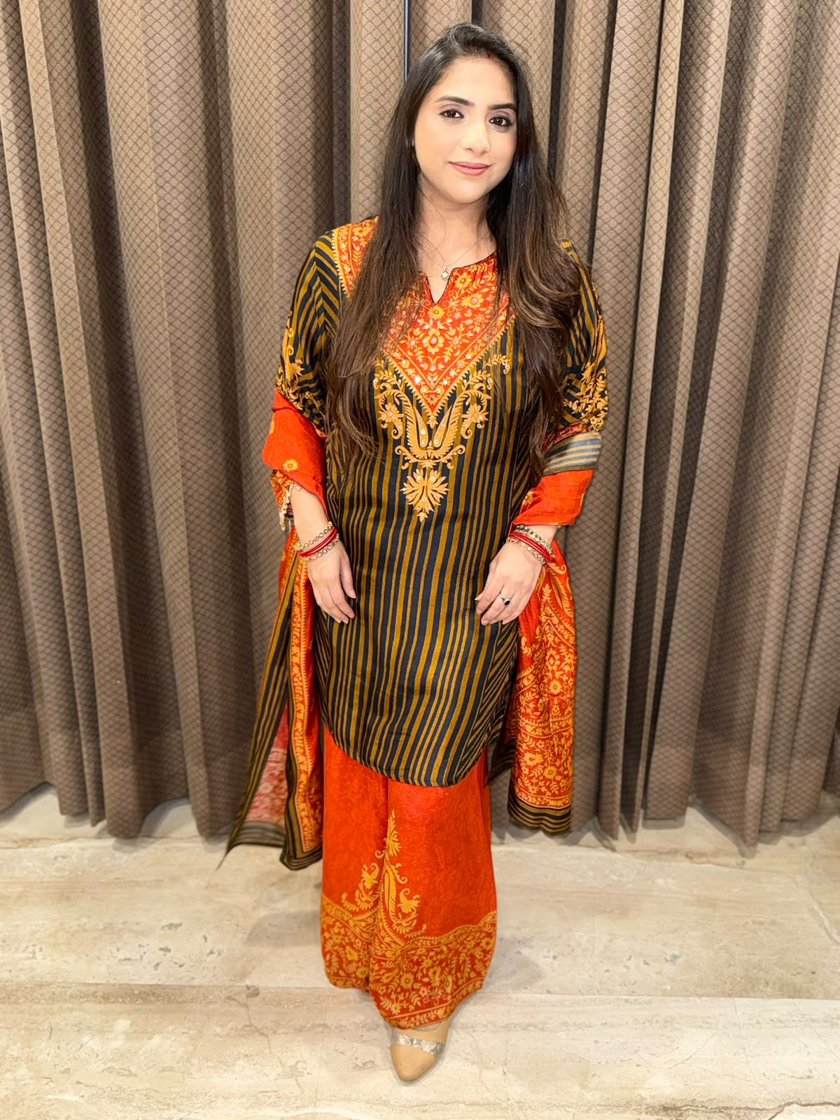 Rust Digital Handwork Kurta set with dupatta