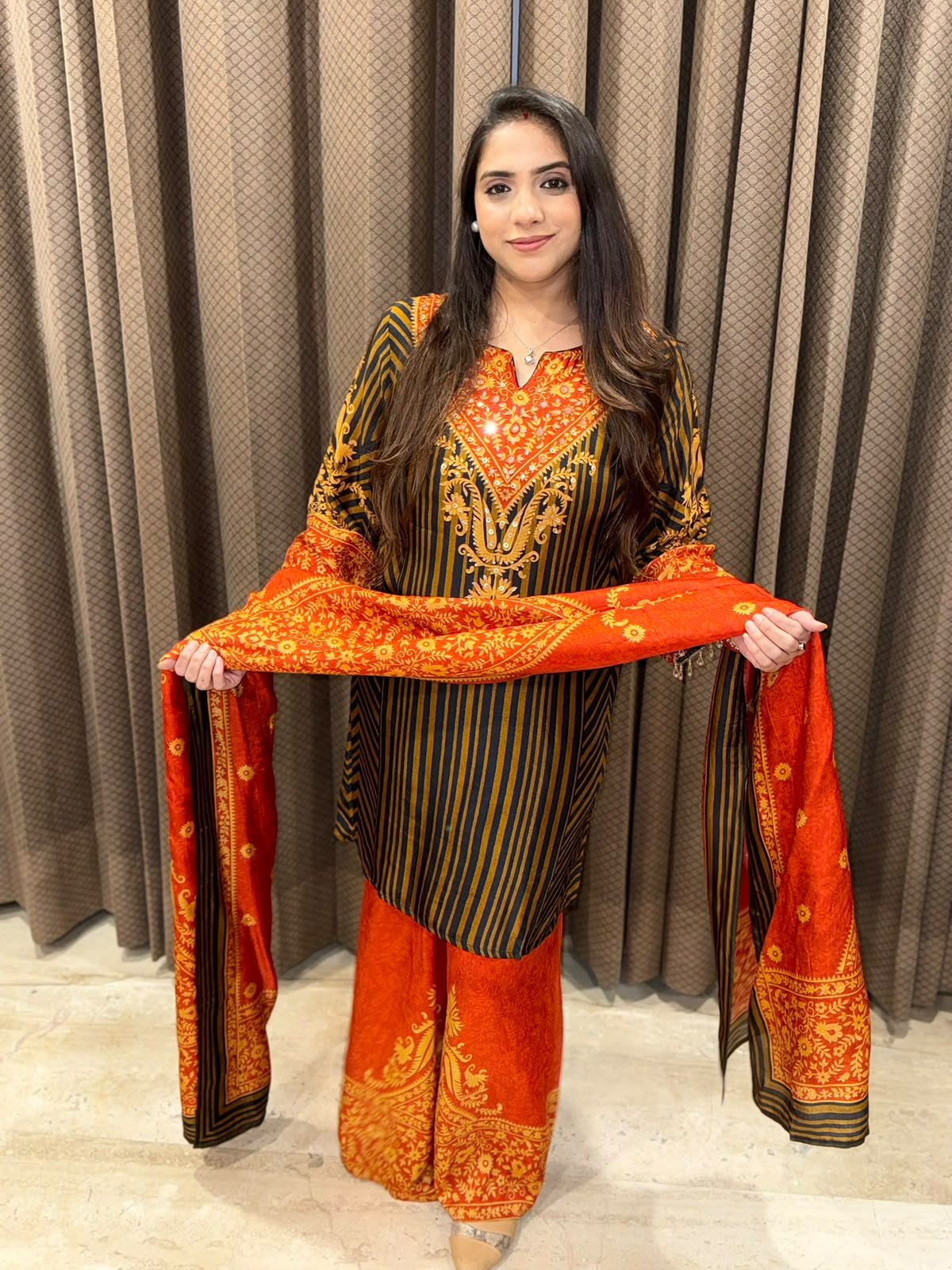 Rust Digital Handwork Kurta set with dupatta
