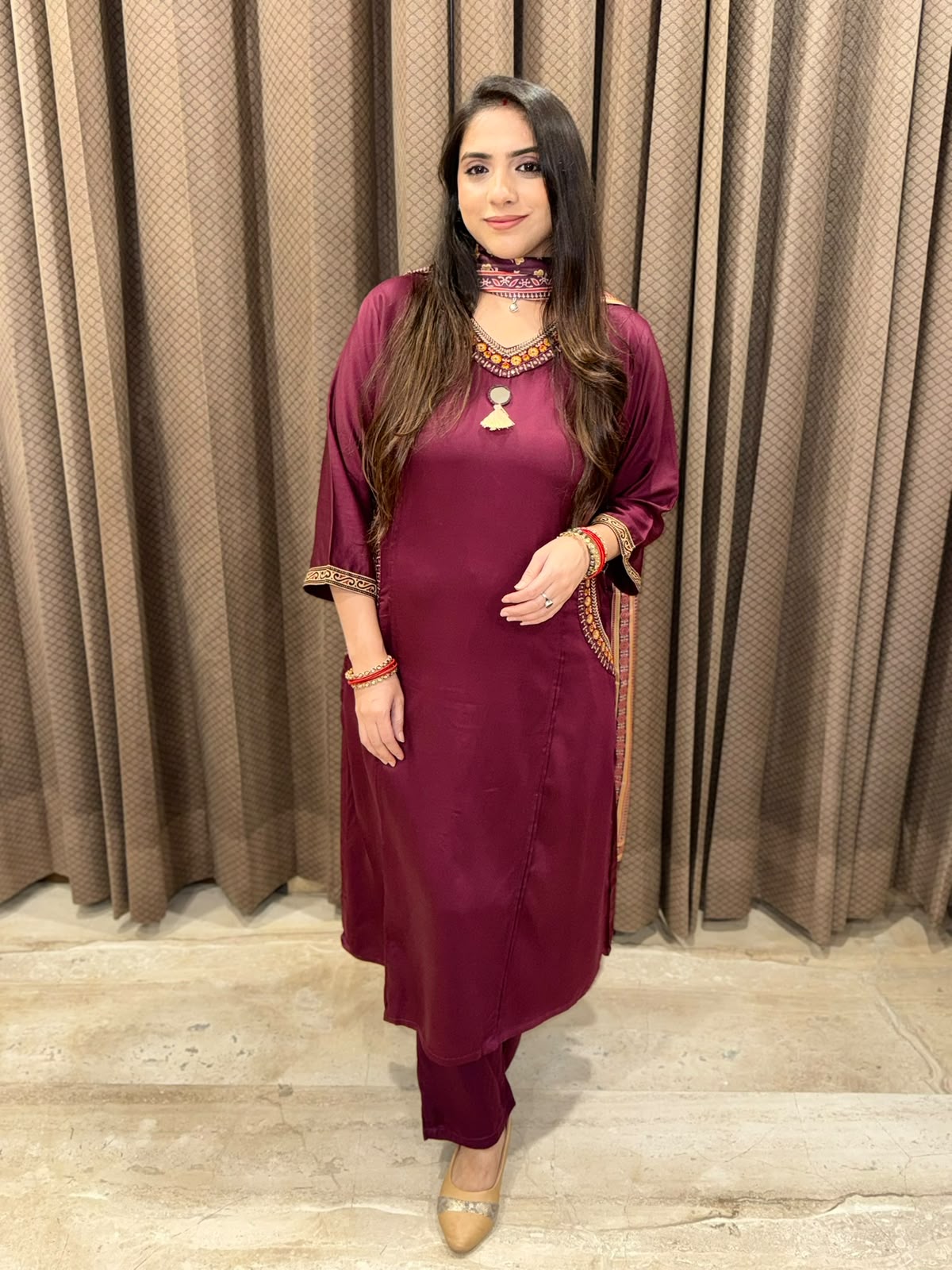 Maroon A line suit with pocket design & Printed dupatta